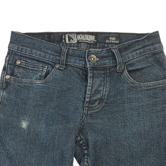 Social Collision Rude Blip Service Dark Blue Button Fly Jeans Sz 28x32 (Read) - Picture 7 of 15